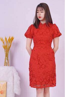 Mandarin Collar Crochet Lace Overlay Dress (Red)